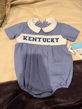 Blue Gingham Peter Pan Bubble Romper with 'KENTUCKY' Smocking
